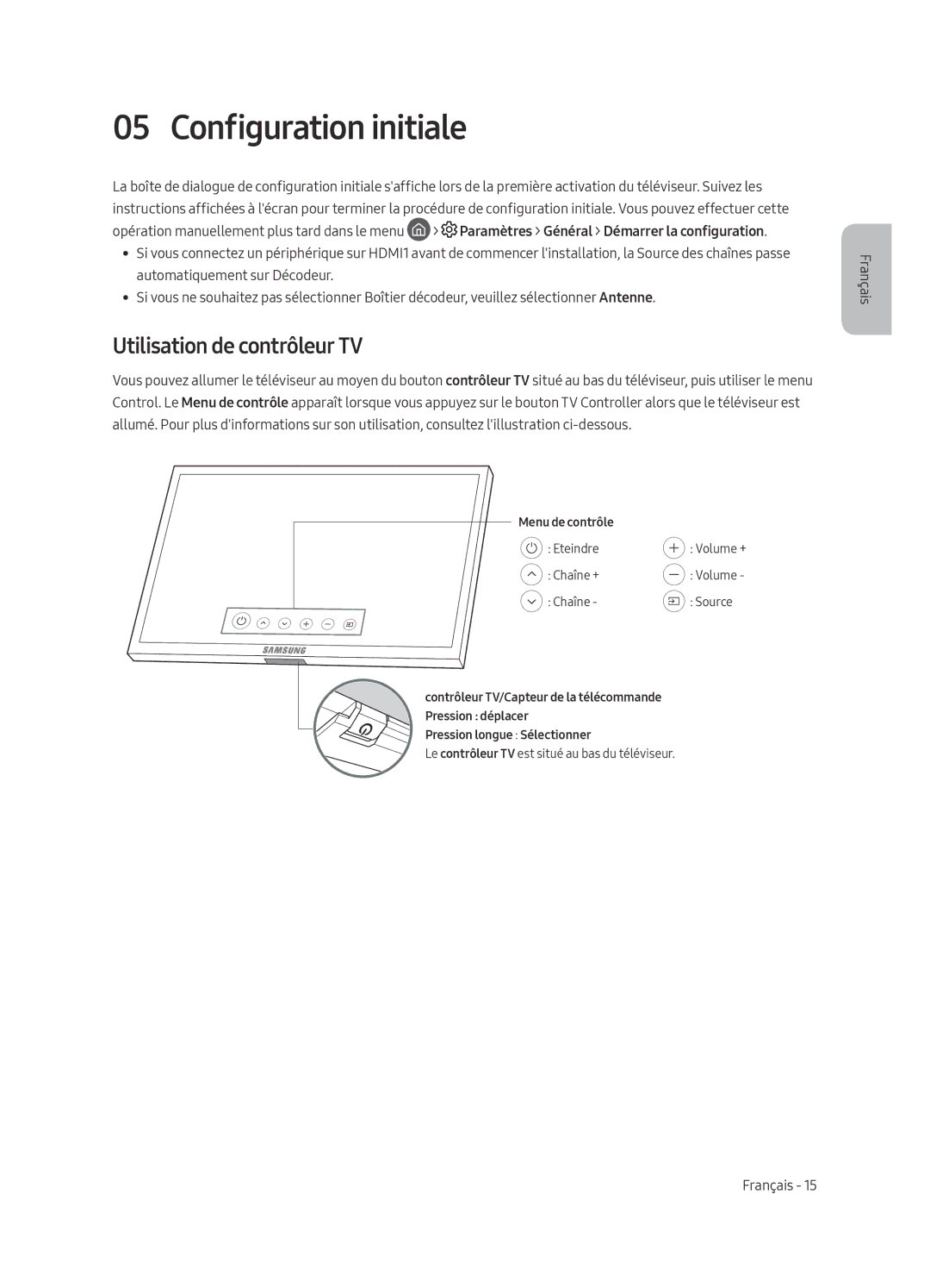 Samsung QE49Q7CAMLXXN, QE65Q7CAMLXXN manual Configuration initiale, Utilisation de contrôleur TV 