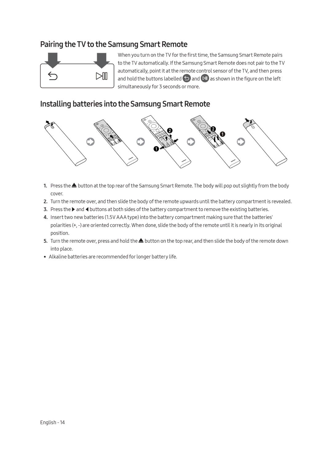 Samsung QE55Q7CGMTXZG manual Pairing the TV to the Samsung Smart Remote, Installing batteries into the Samsung Smart Remote 