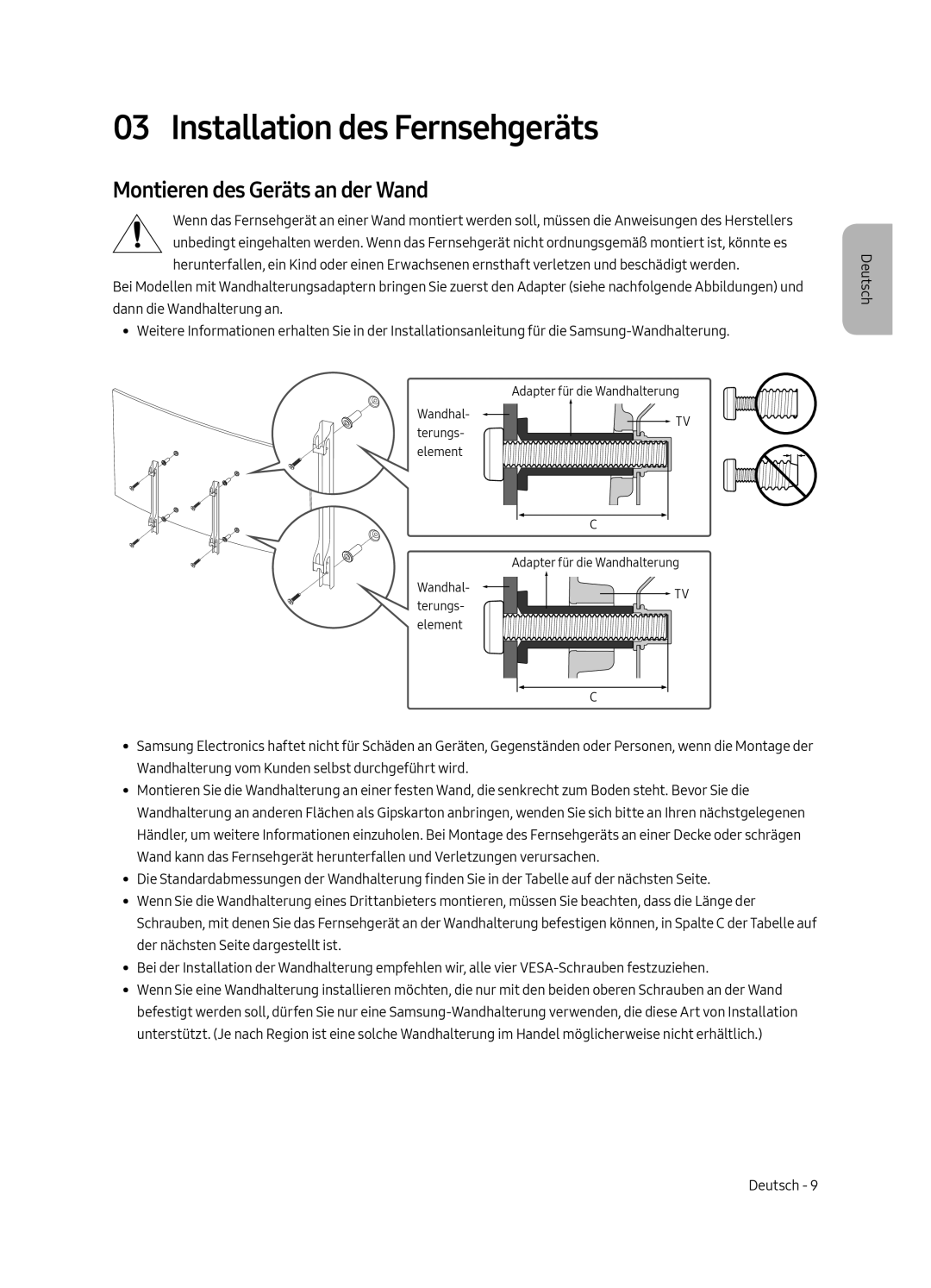 Samsung QE65Q7CAMTXZG, QE65Q7CGMTXZG, QE49Q7CGMTXZG manual Installation des Fernsehgeräts, Montieren des Geräts an der Wand 