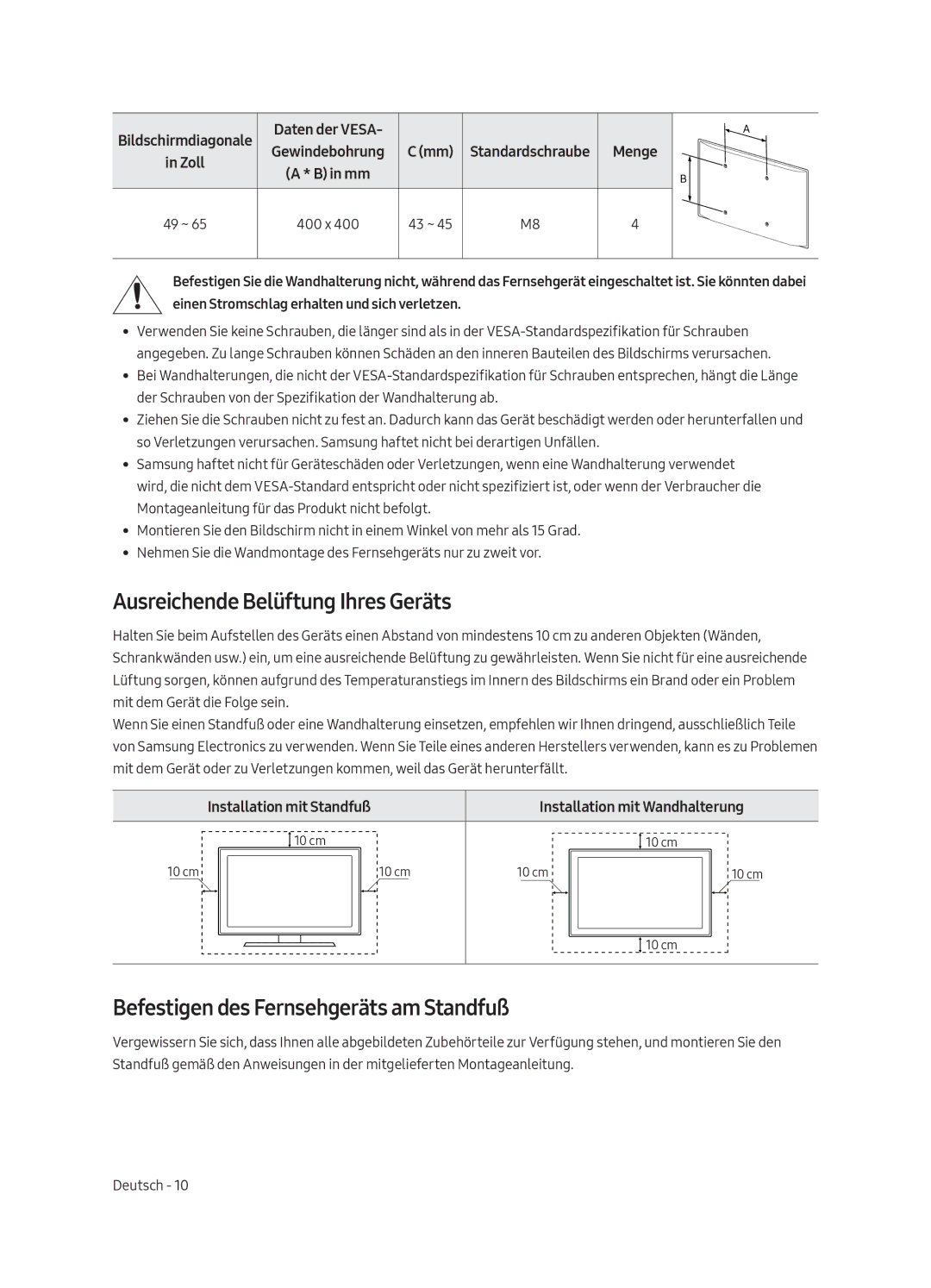 Samsung QE49Q7CAMTXXH, QE65Q7CGMTXZG manual Ausreichende Belüftung Ihres Geräts, Befestigen des Fernsehgeräts am Standfuß 