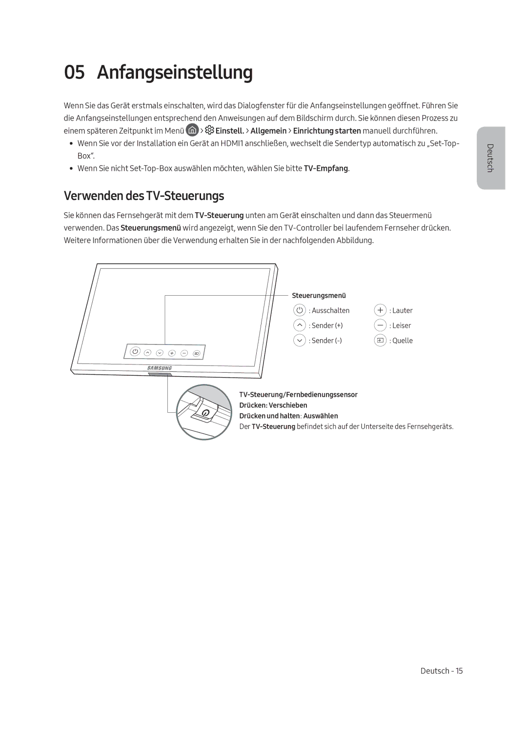 Samsung QE49Q7CGMTXZG, QE65Q7CGMTXZG, QE55Q7CGMTXZG, QE55Q7CAMTXXH manual Anfangseinstellung, Verwenden des TV-Steuerungs 