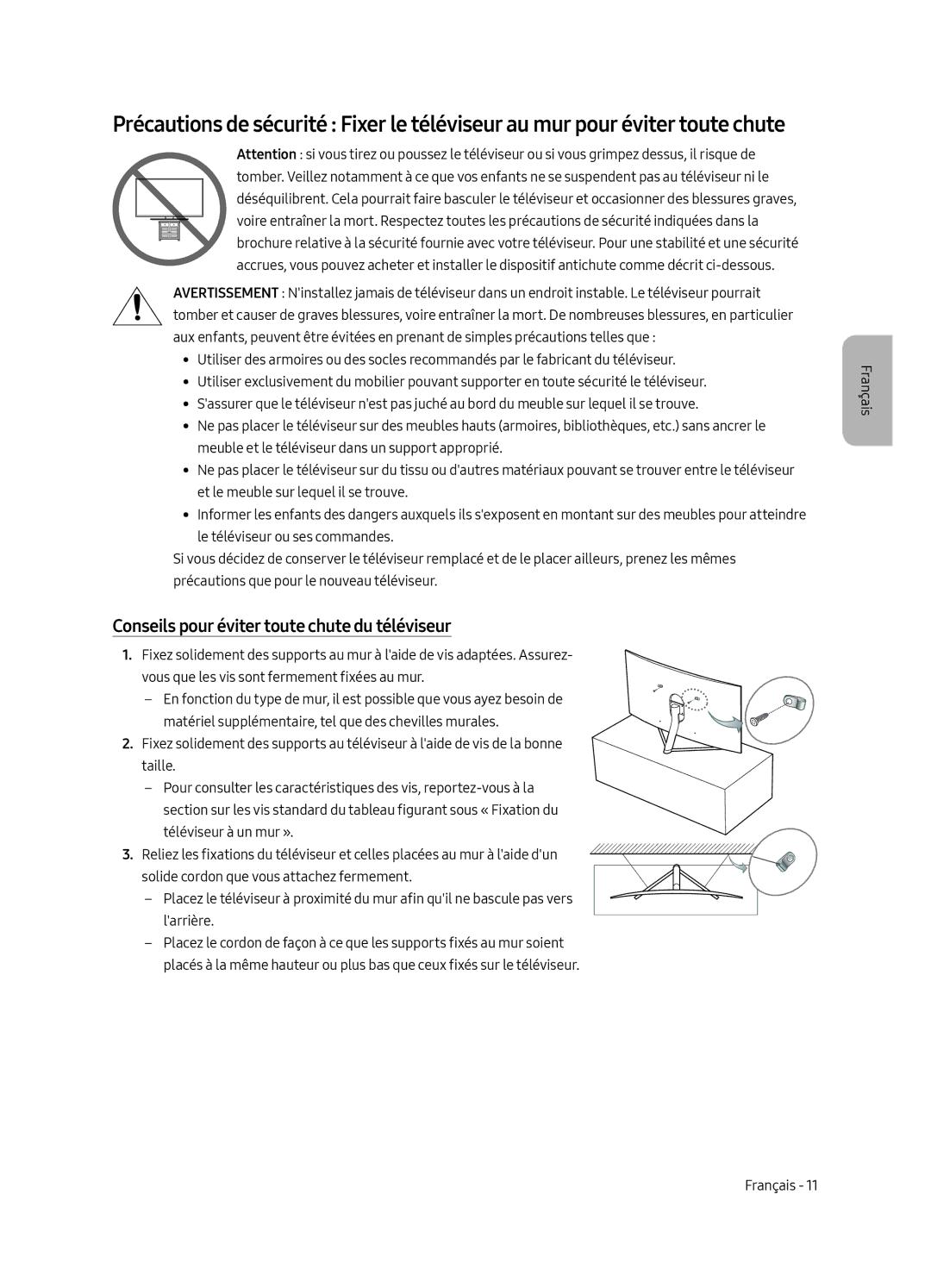 Samsung QE65Q7CAMTXZG, QE65Q7CGMTXZG, QE49Q7CGMTXZG, QE55Q7CGMTXZG manual Conseils pour éviter toute chute du téléviseur 