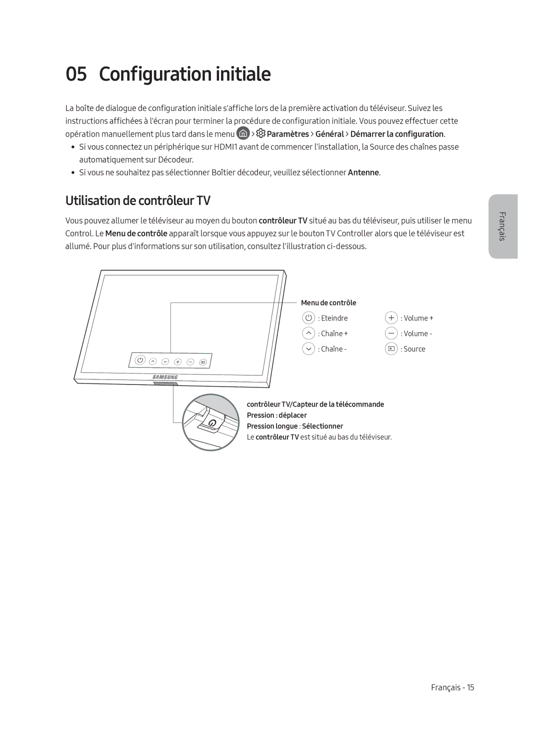 Samsung QE49Q7CAMTXXU, QE65Q7CGMTXZG, QE49Q7CGMTXZG, QE55Q7CGMTXZG manual Configuration initiale, Utilisation de contrôleur TV 