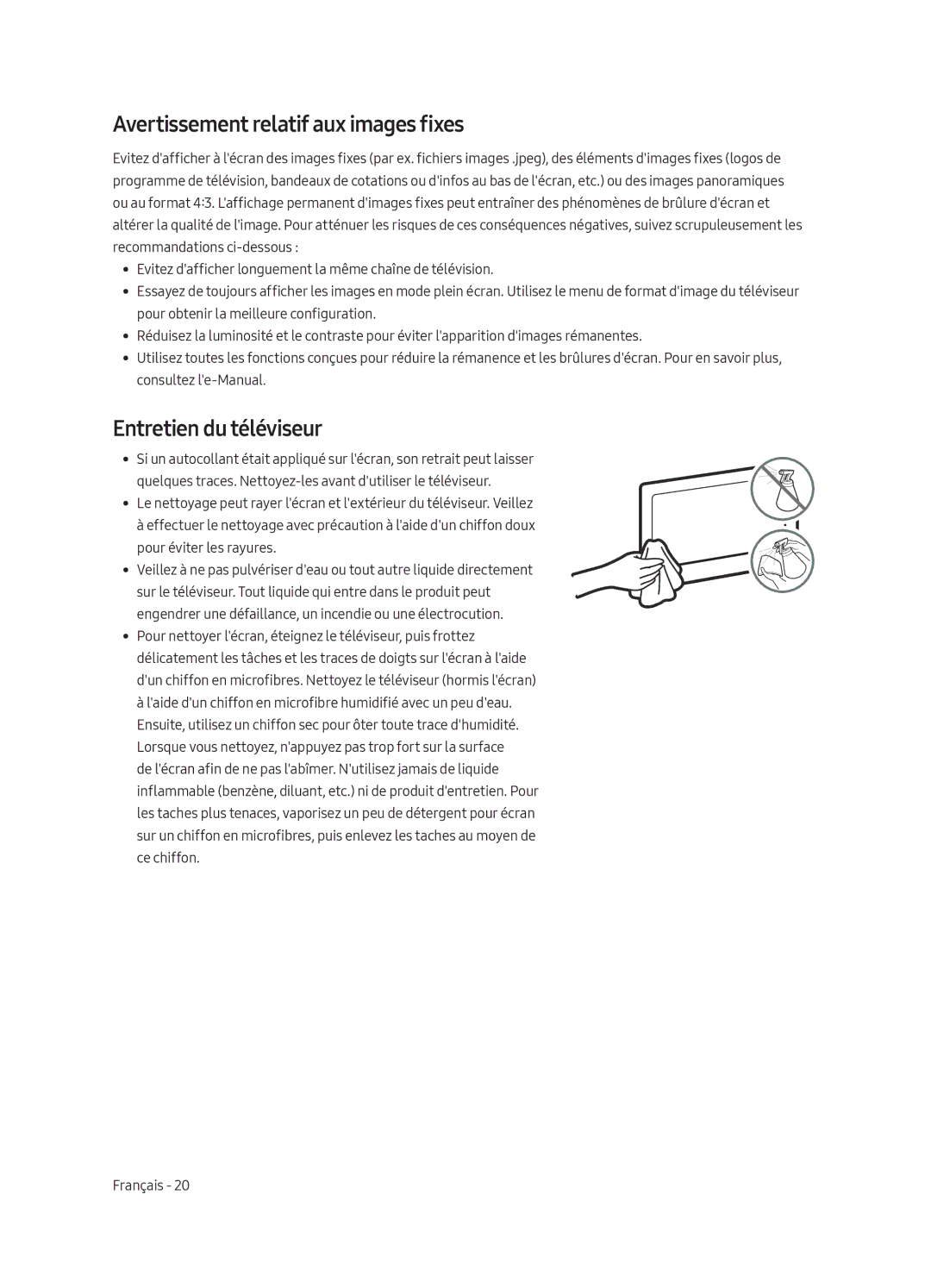 Samsung QE55Q7CAMTXZG, QE65Q7CGMTXZG, QE49Q7CGMTXZG manual Avertissement relatif aux images fixes, Entretien du téléviseur 