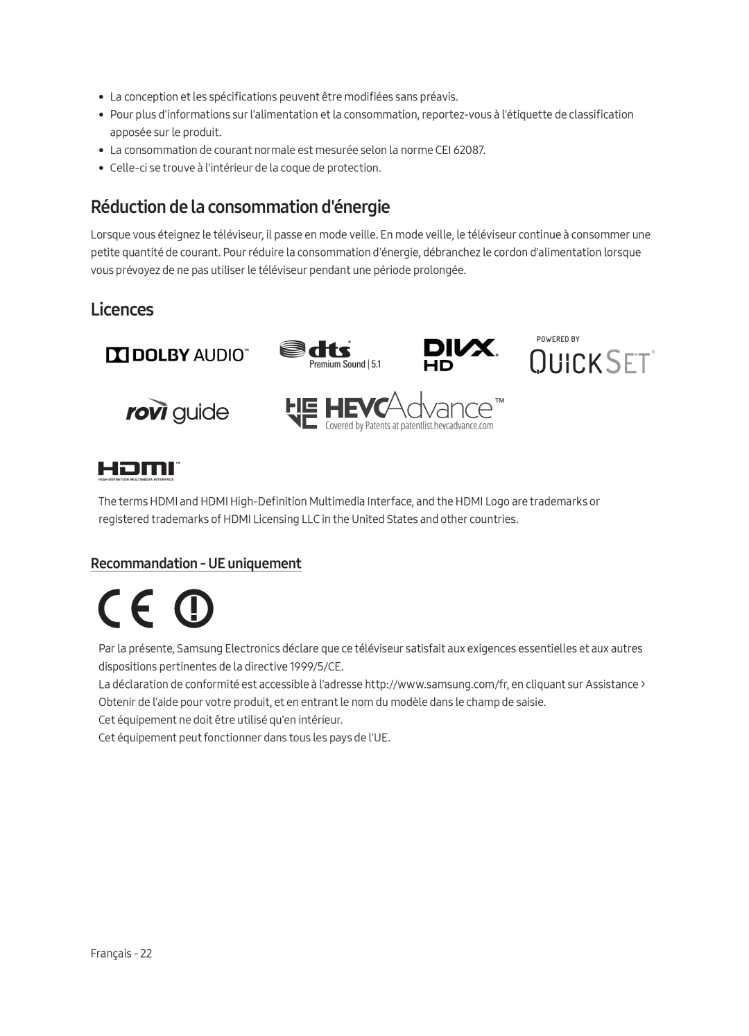 Samsung QE65Q7CAMTXXH, QE65Q7CGMTXZG, QE49Q7CGMTXZG Réduction de la consommation dénergie, Recommandation UE uniquement 