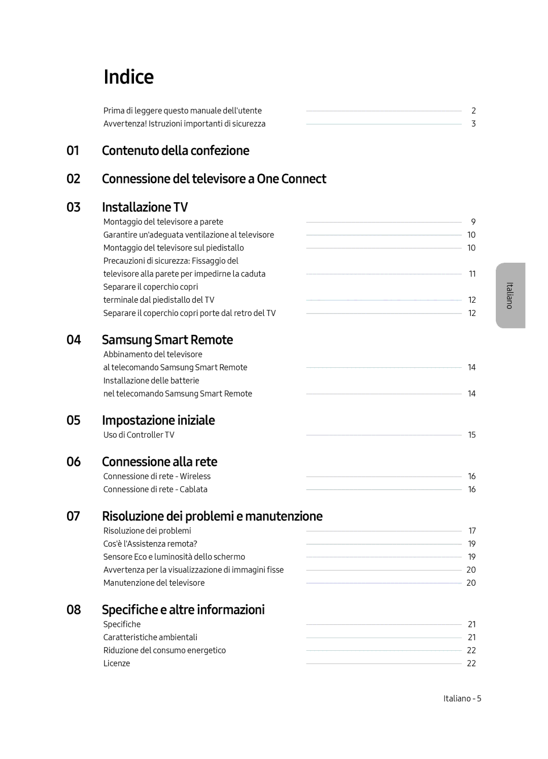 Samsung QE49Q7CAMTXXU manual Indice, Impostazione iniziale, Connessione alla rete, Risoluzione dei problemi e manutenzione 