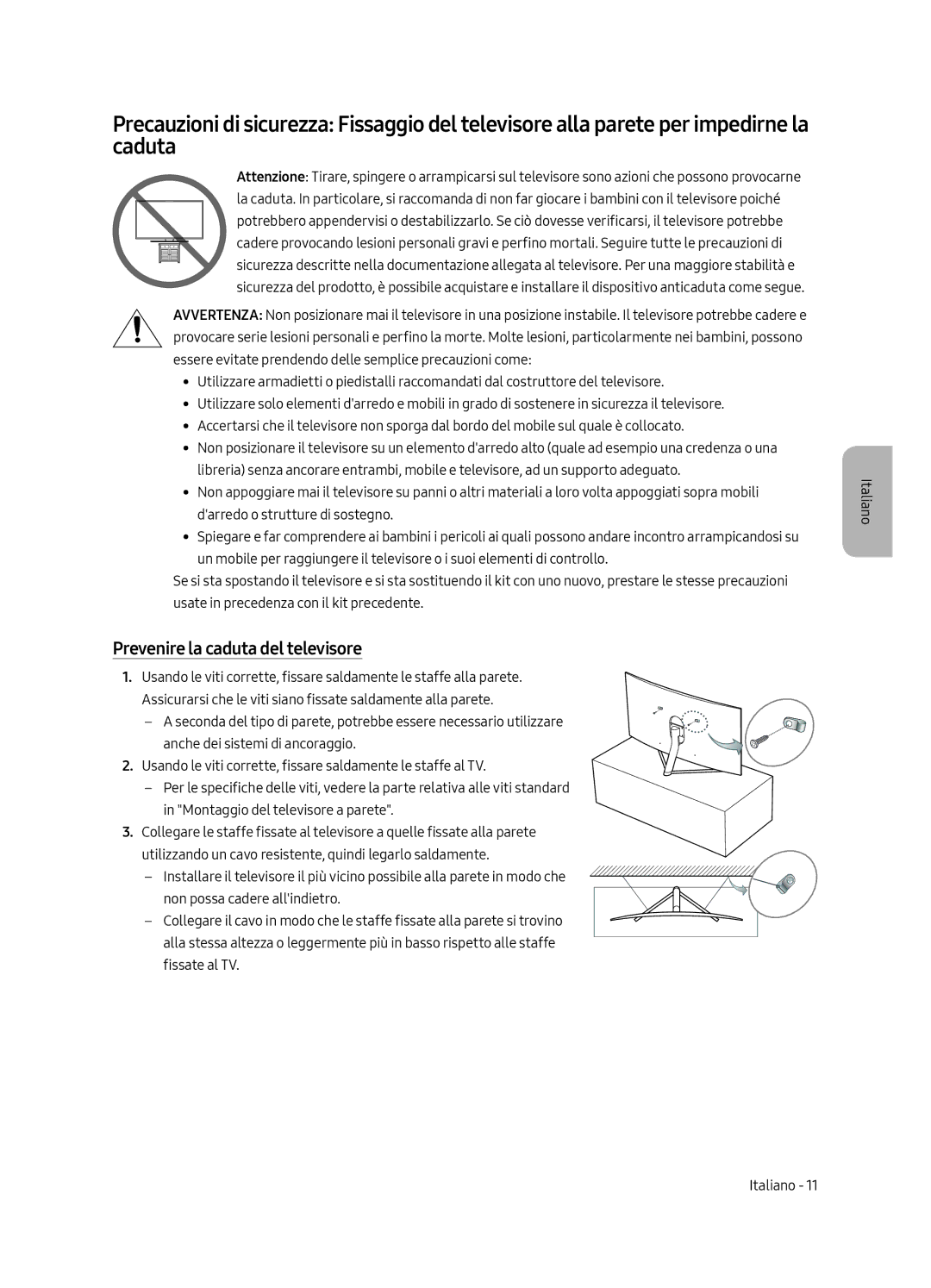 Samsung QE49Q7CAMTXZG, QE65Q7CGMTXZG, QE49Q7CGMTXZG, QE55Q7CGMTXZG, QE55Q7CAMTXXH manual Prevenire la caduta del televisore 