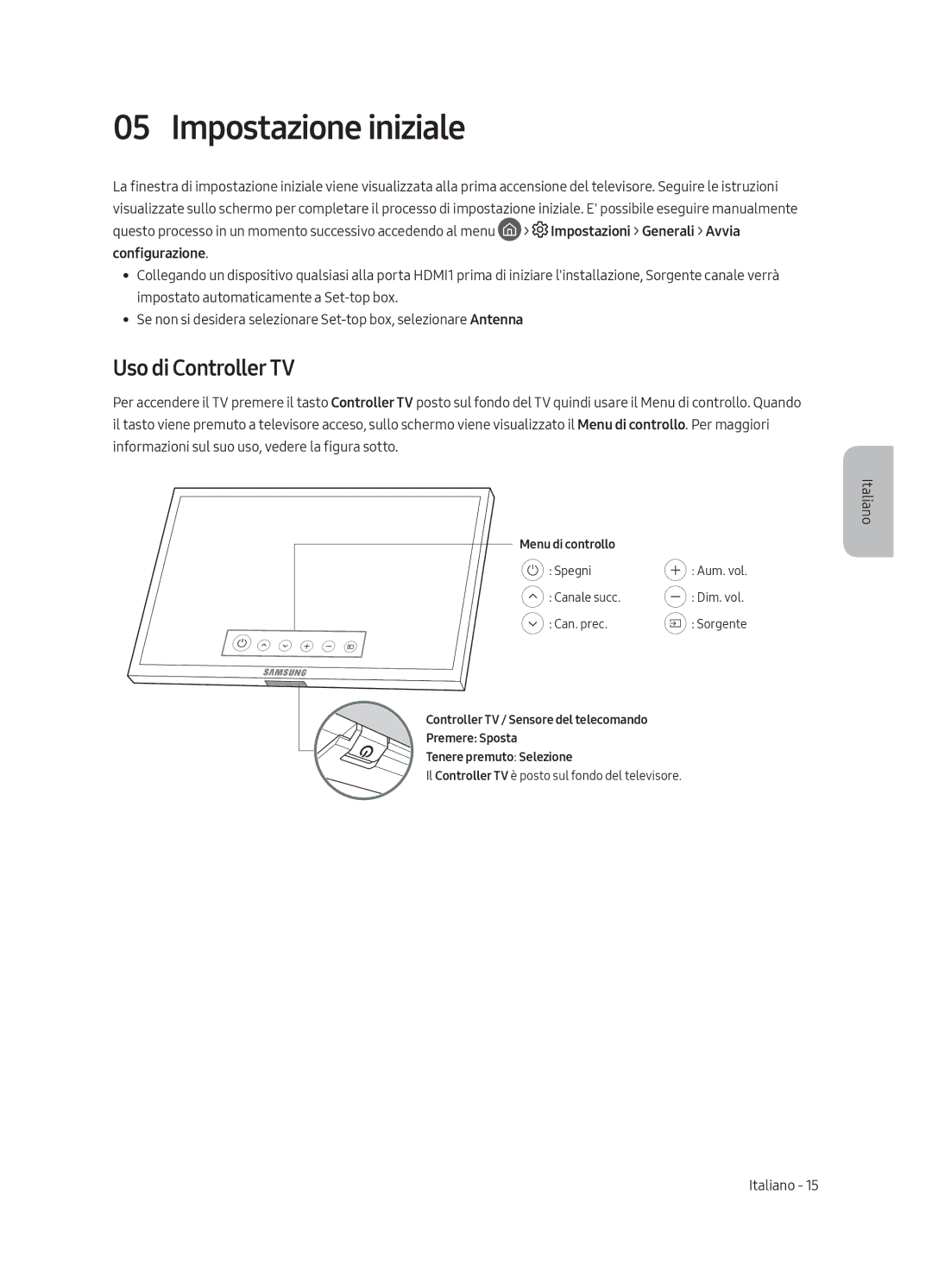 Samsung QE49Q7CAMTXXC, QE65Q7CGMTXZG, QE49Q7CGMTXZG, QE55Q7CGMTXZG, QE55Q7CAMTXXH Impostazione iniziale, Uso di Controller TV 