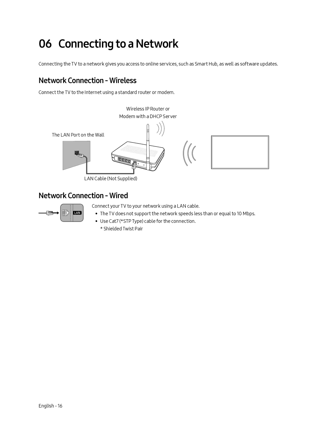 Samsung QE65Q7FAMTXZT, QE49Q7FAMTXZT manual Connecting to a Network, Network Connection Wireless, Network Connection Wired 