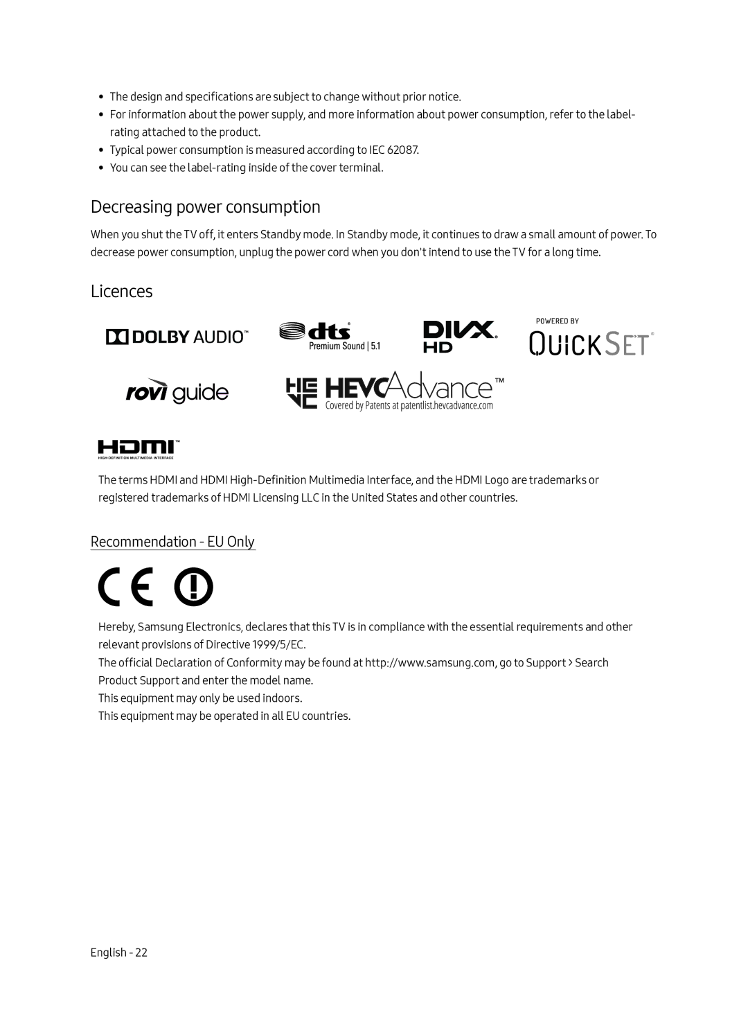 Samsung QE55Q7FAMTXZT, QE65Q7FAMTXZT, QE49Q7FAMTXZT manual Decreasing power consumption, Licences, Recommendation EU Only 