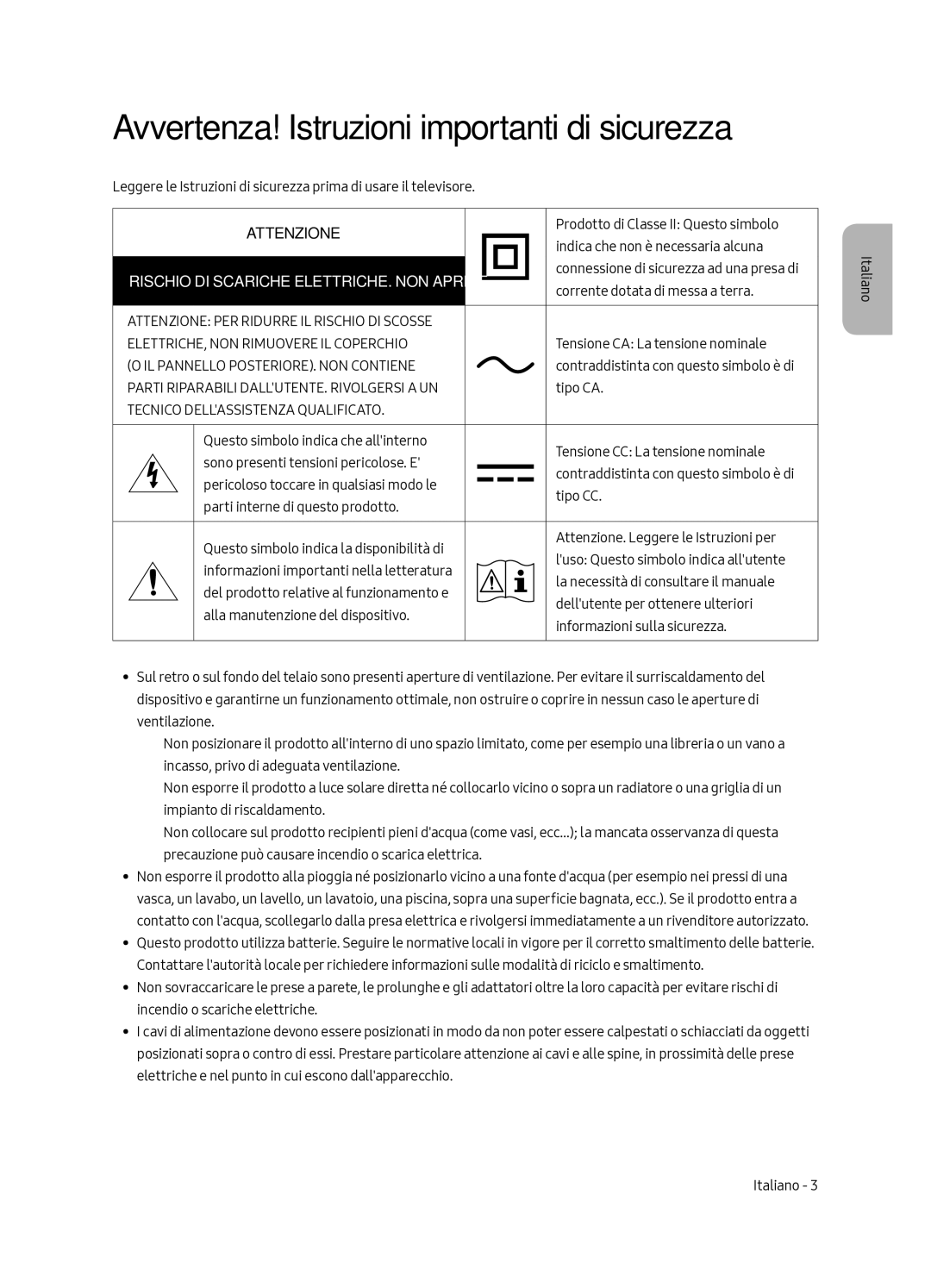 Samsung QE49Q7FAMTXZT, QE65Q7FAMTXZT, QE55Q7FAMTXZT, QE75Q7FAMTXZT manual Avvertenza! Istruzioni importanti di sicurezza 