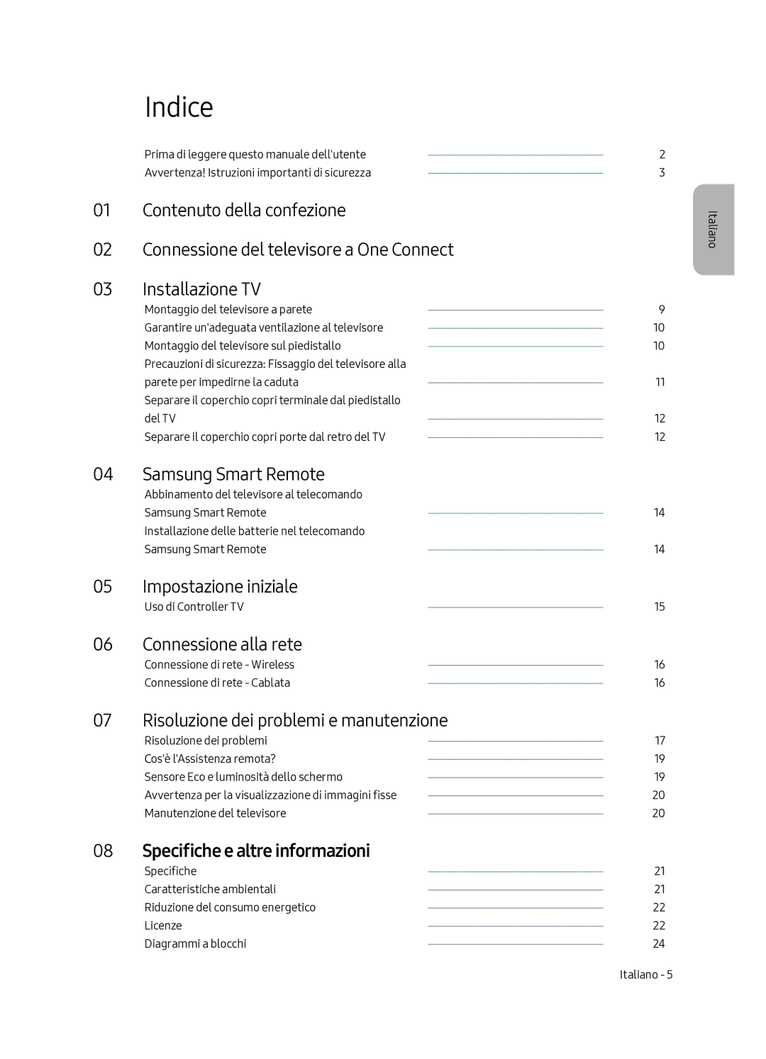 Samsung QE75Q7FAMTXZT manual Indice, Impostazione iniziale, Connessione alla rete, Risoluzione dei problemi e manutenzione 