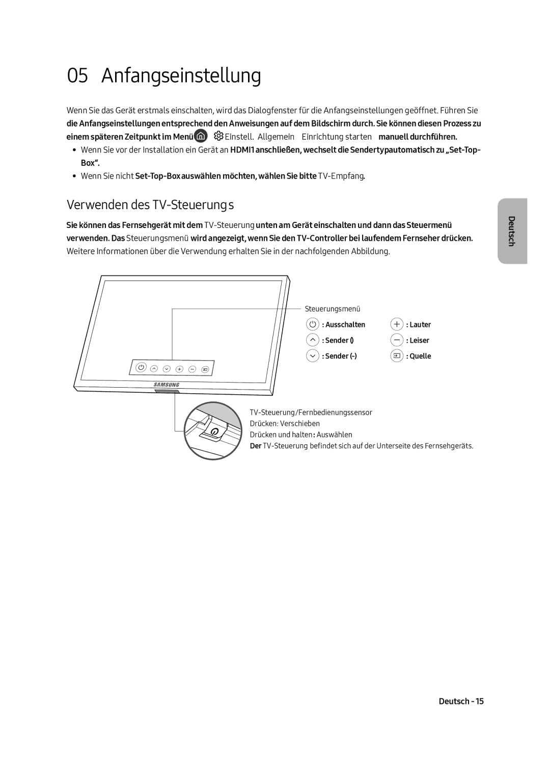 Samsung QE49Q7FAMTXZT, QE65Q7FAMTXZT, QE55Q7FAMTXZT, QE75Q7FAMTXZT manual Anfangseinstellung, Verwenden des TV-Steuerungs 