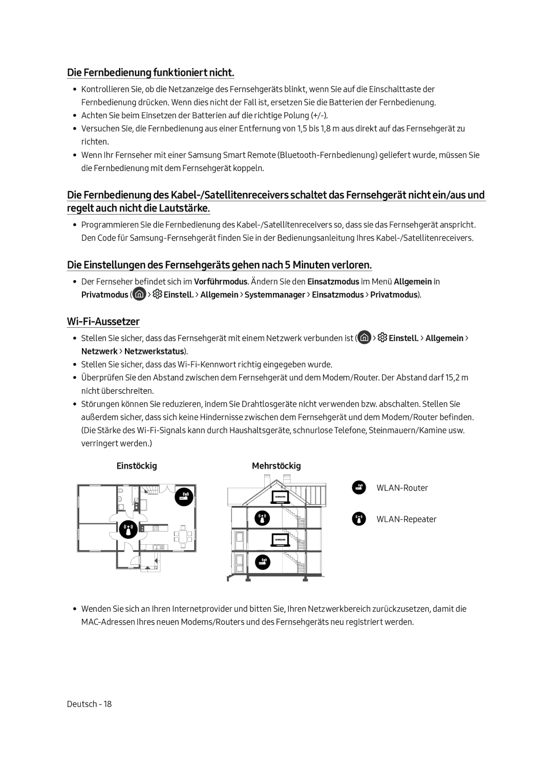 Samsung QE65Q7FAMTXZT, QE49Q7FAMTXZT manual Die Fernbedienung funktioniert nicht, Wi-Fi-Aussetzer, EinstöckigMehrstöckig 