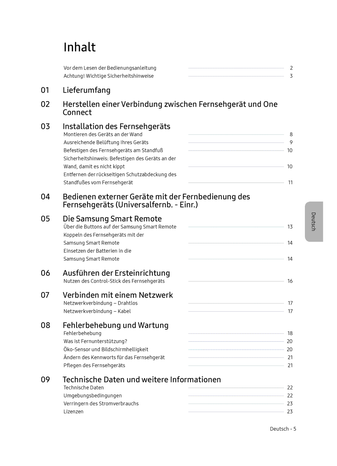 Samsung QE55Q7FNATXXC Inhalt, Ausführen der Ersteinrichtung, Verbinden mit einem Netzwerk, Fehlerbehebung und Wartung 