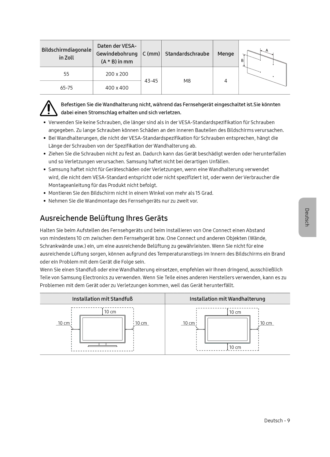 Samsung QE55Q7FNATXXC Ausreichende Belüftung Ihres Geräts, Zoll, Installation mit Standfuß Installation mit Wandhalterung 