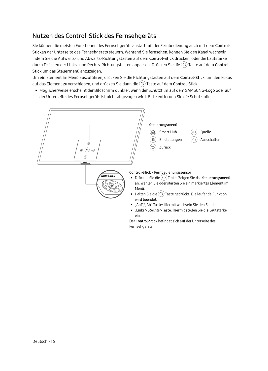 Samsung QE65Q7FNATXXC, QE55Q7FNATXXC manual Nutzen des Control-Stick des Fernsehgeräts, Steuerungsmenü Smart Hub 