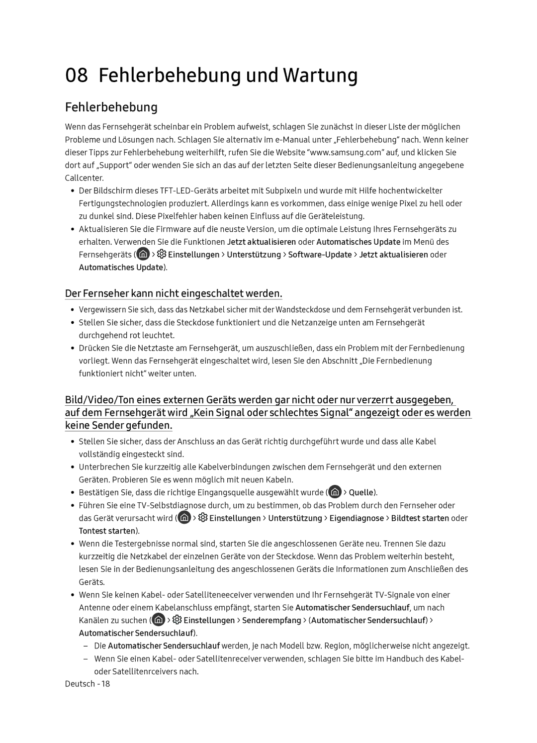 Samsung QE65Q7FNATXXC, QE55Q7FNATXXC manual Fehlerbehebung und Wartung, Der Fernseher kann nicht eingeschaltet werden 