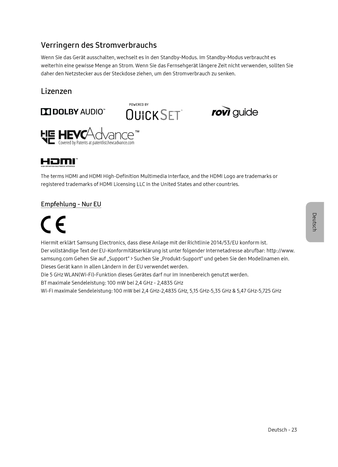 Samsung QE55Q7FNATXXC, QE65Q7FNATXXC manual Verringern des Stromverbrauchs, Lizenzen, Empfehlung Nur EU 