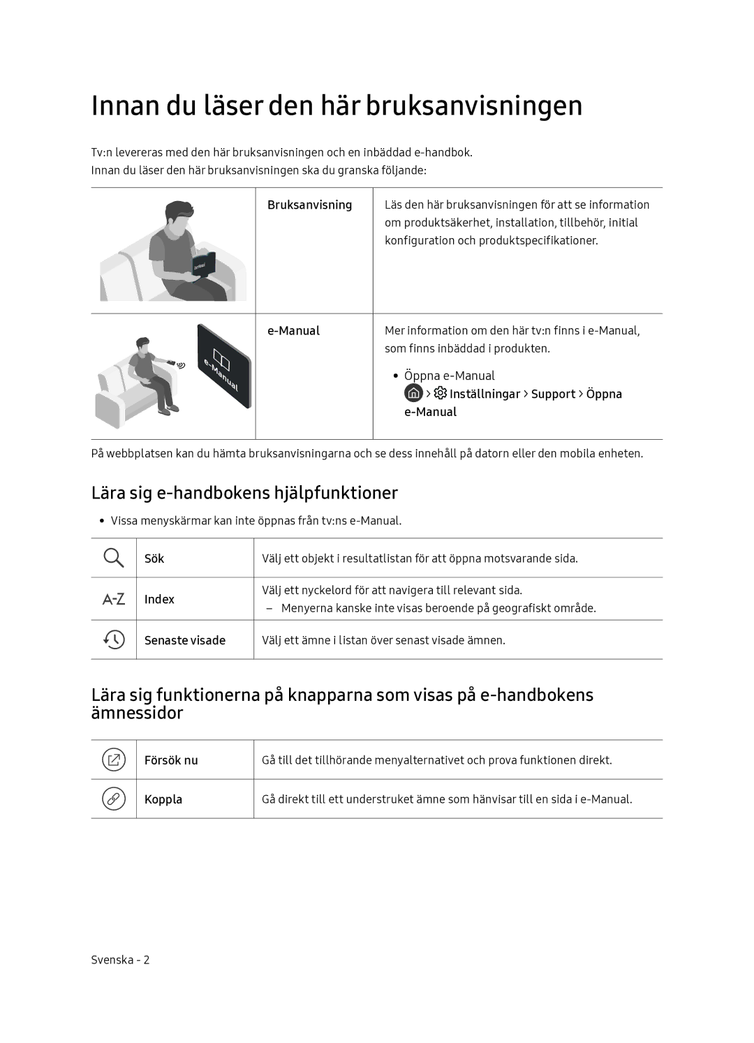 Samsung QE65Q7FNATXXC, QE55Q7FNATXXC manual Innan du läser den här bruksanvisningen, Lära sig e-handbokens hjälpfunktioner 