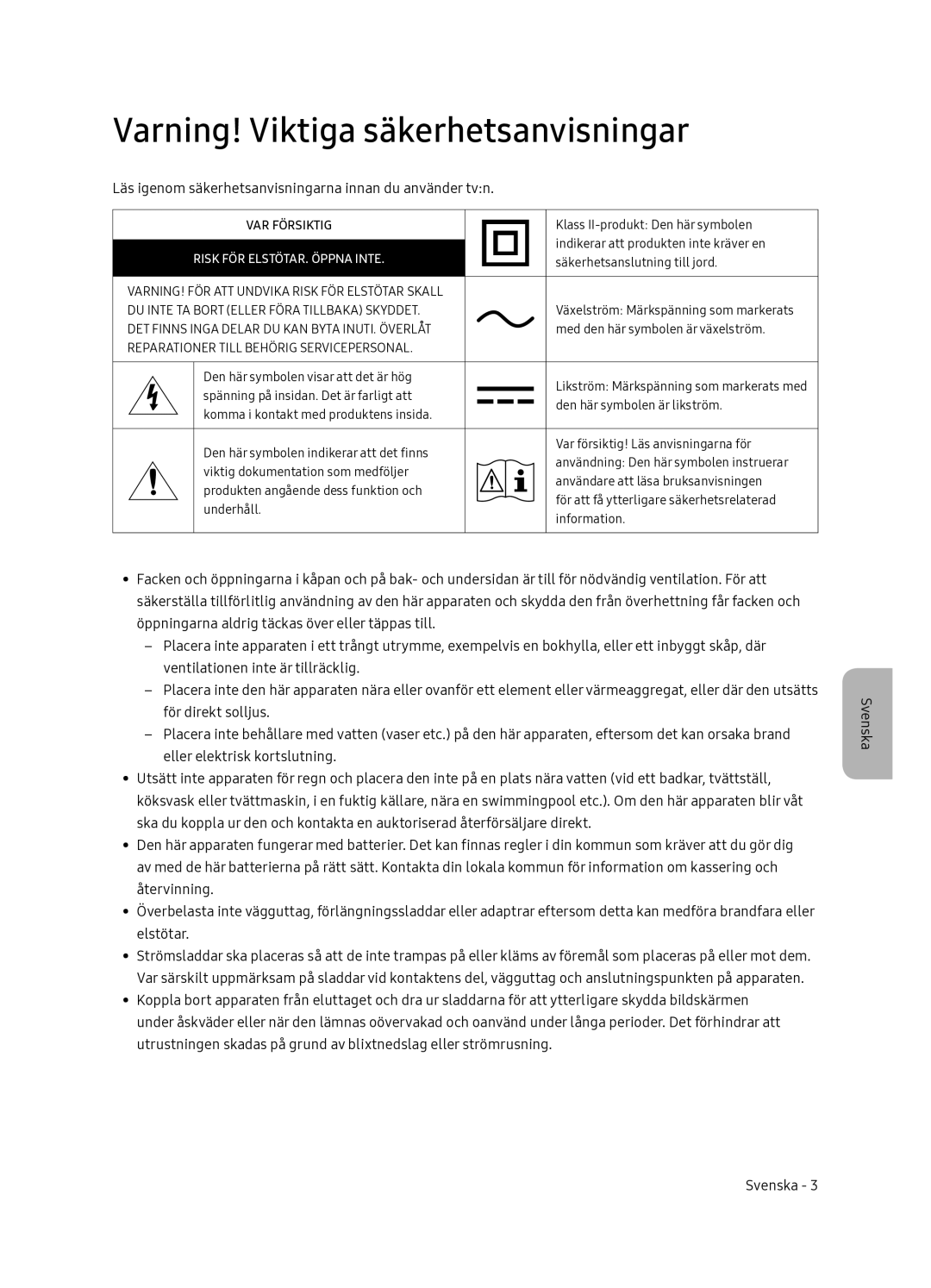 Samsung QE55Q7FNATXXC manual Varning! Viktiga säkerhetsanvisningar, Läs igenom säkerhetsanvisningarna innan du använder tvn 