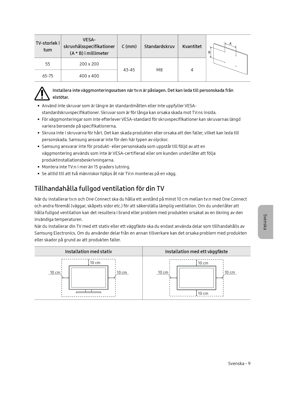 Samsung QE55Q7FNATXXC manual Tillhandahålla fullgod ventilation för din TV, TV-storlek, Standardskruv Kvantitet Tum 