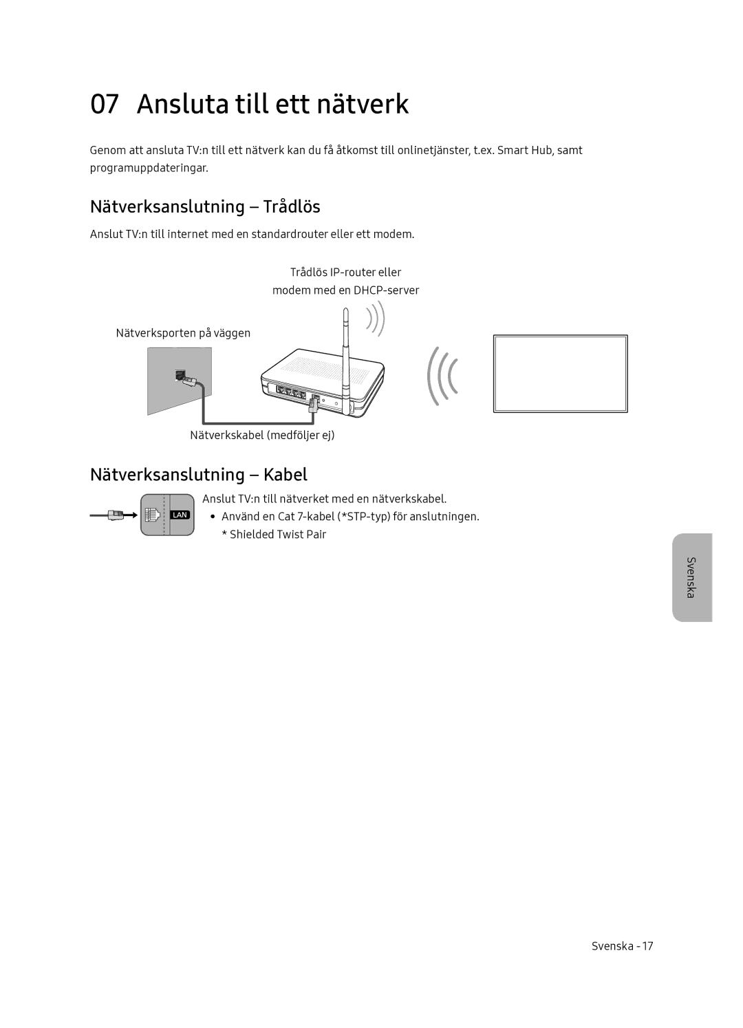 Samsung QE55Q7FNATXXC, QE65Q7FNATXXC manual Ansluta till ett nätverk, Nätverksanslutning Trådlös, Nätverksanslutning Kabel 