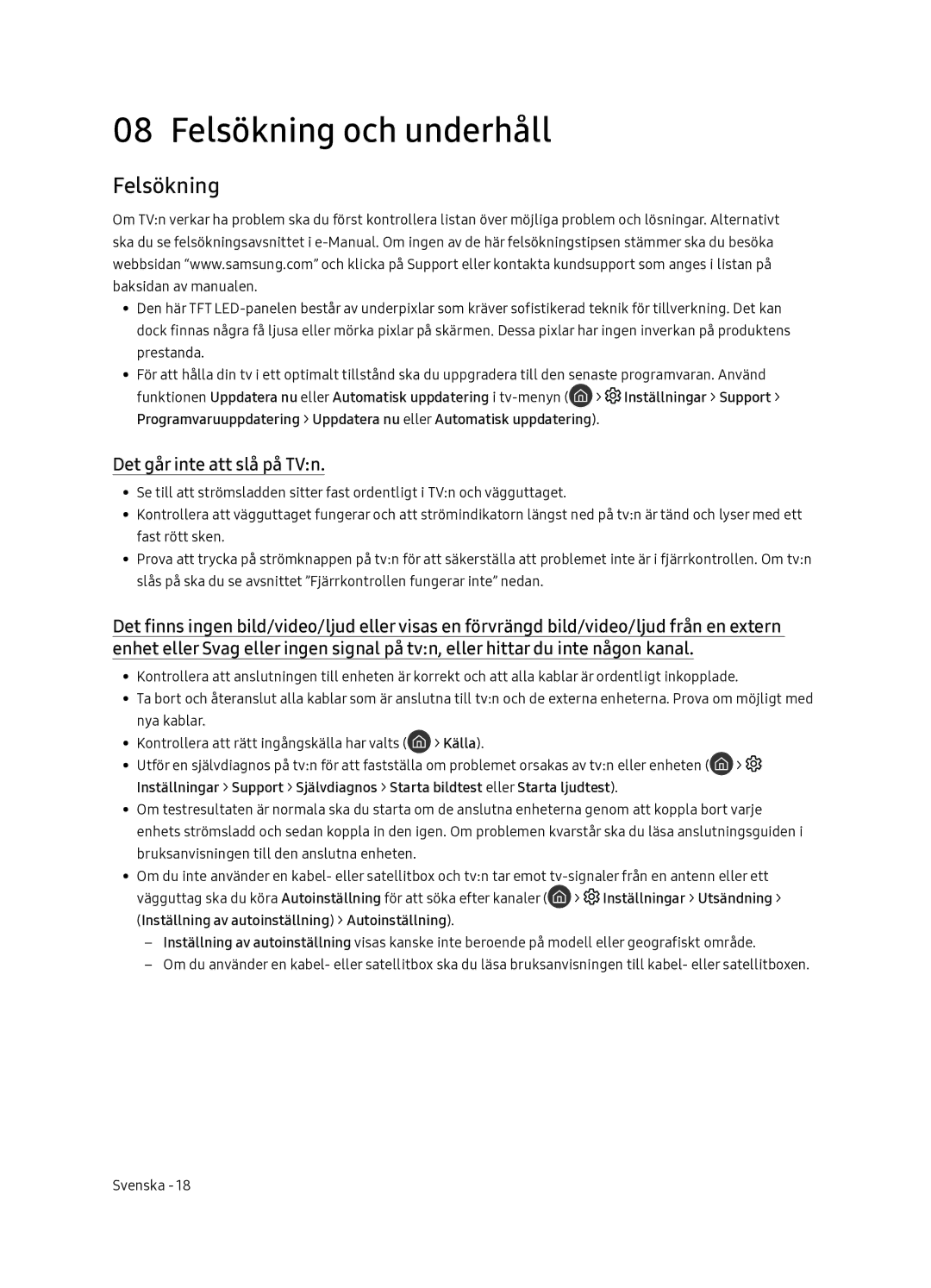 Samsung QE65Q7FNATXXC, QE55Q7FNATXXC manual Felsökning och underhåll, Det går inte att slå på TVn, Källa 