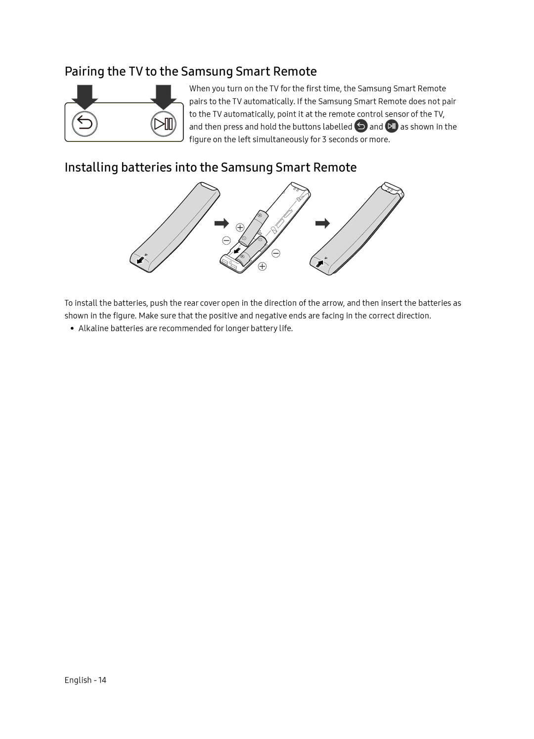 Samsung QE65Q7FNATXXC manual Pairing the TV to the Samsung Smart Remote, Installing batteries into the Samsung Smart Remote 