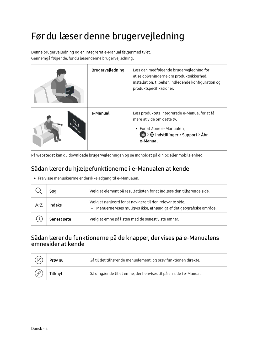 Samsung QE65Q7FNATXXC manual Før du læser denne brugervejledning, Sådan lærer du hjælpefunktionerne i e-Manualen at kende 