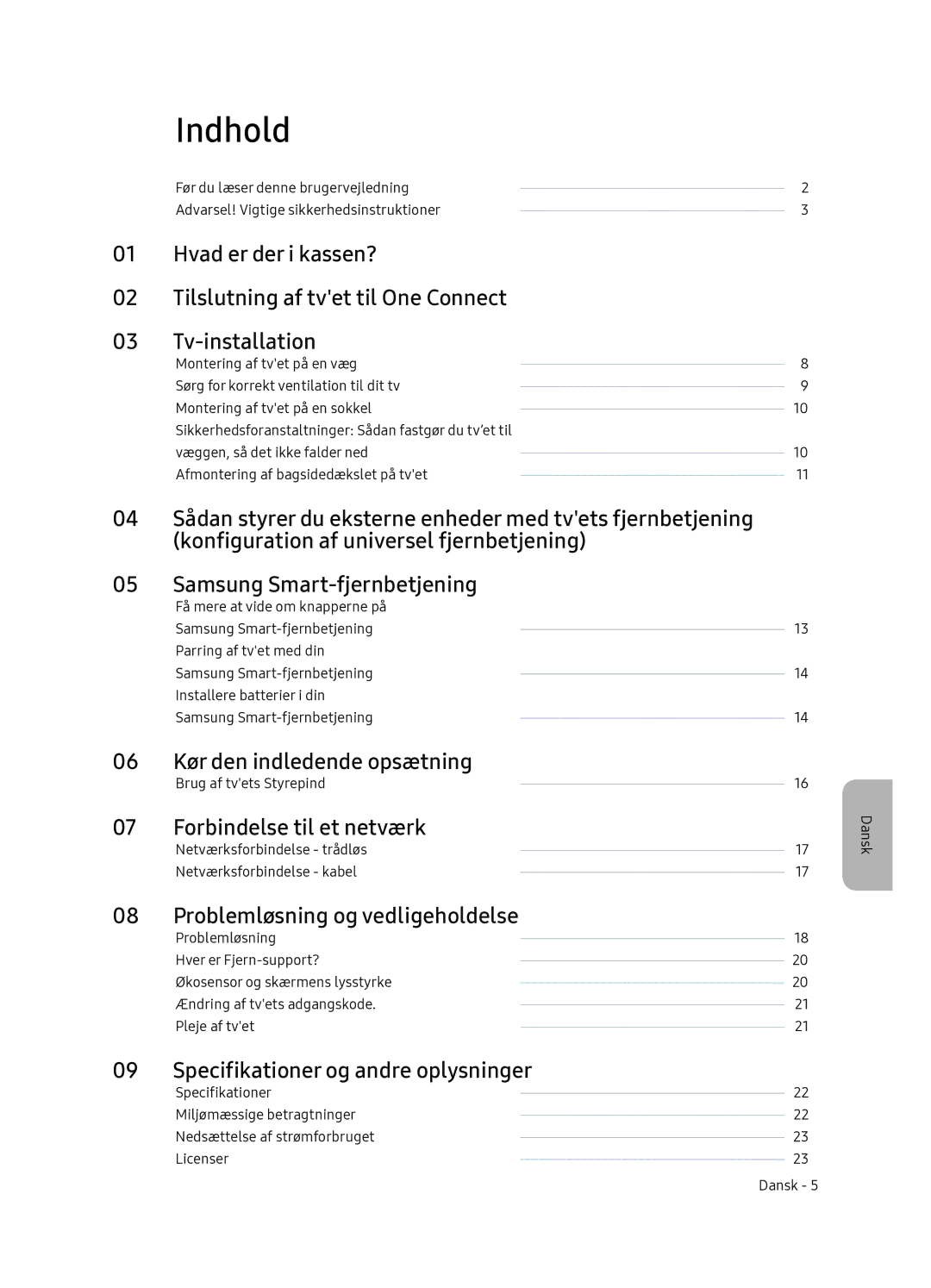 Samsung QE55Q7FNATXXC Indhold, Kør den indledende opsætning, Forbindelse til et netværk, Problemløsning og vedligeholdelse 