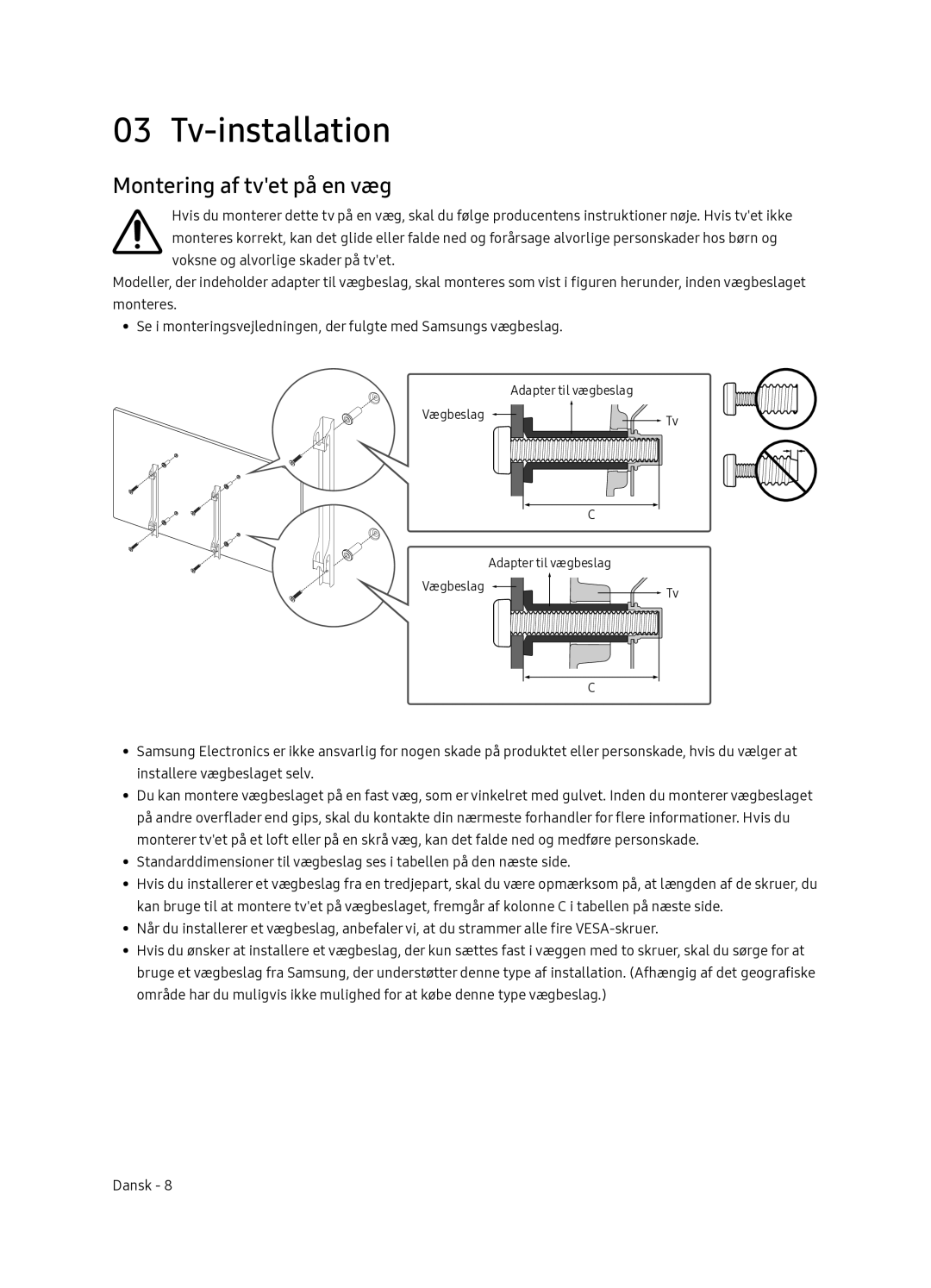 Samsung QE65Q7FNATXXC, QE55Q7FNATXXC manual Tv-installation, Montering af tvet på en væg 