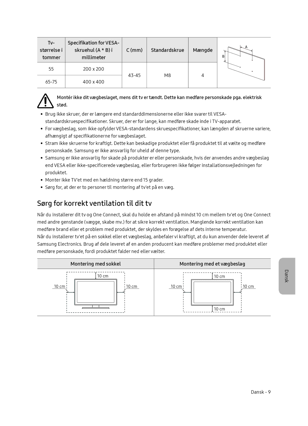 Samsung QE55Q7FNATXXC Sørg for korrekt ventilation til dit tv, Millimeter, Montering med sokkel Montering med et vægbeslag 