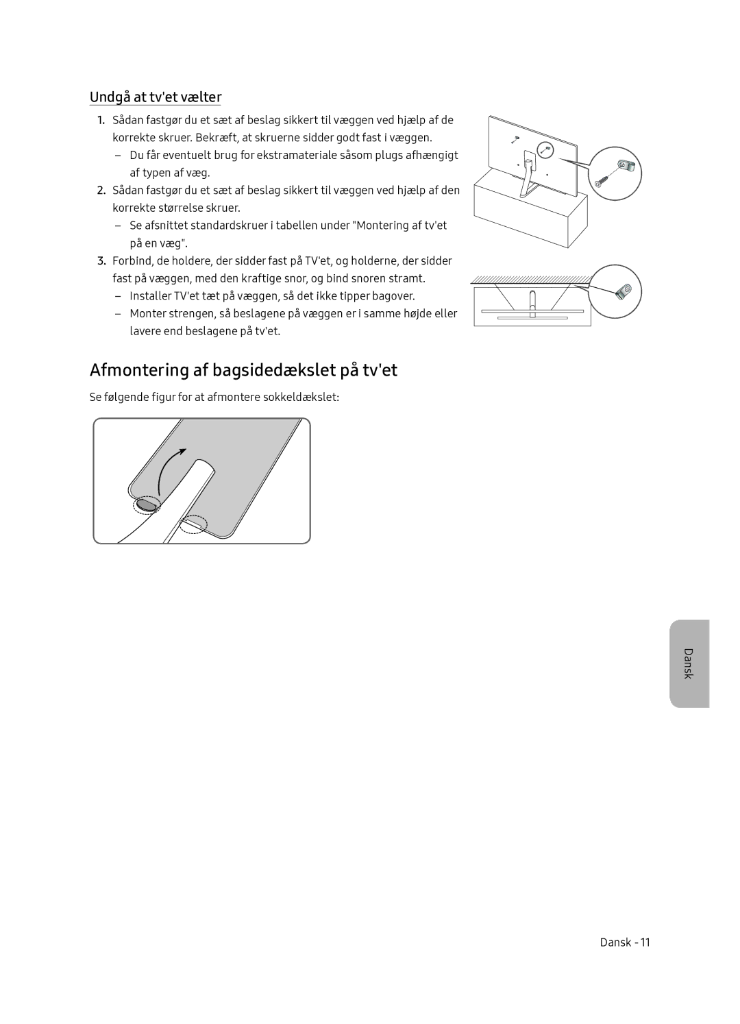 Samsung QE55Q7FNATXXC, QE65Q7FNATXXC manual Afmontering af bagsidedækslet på tvet, Undgå at tvet vælter 