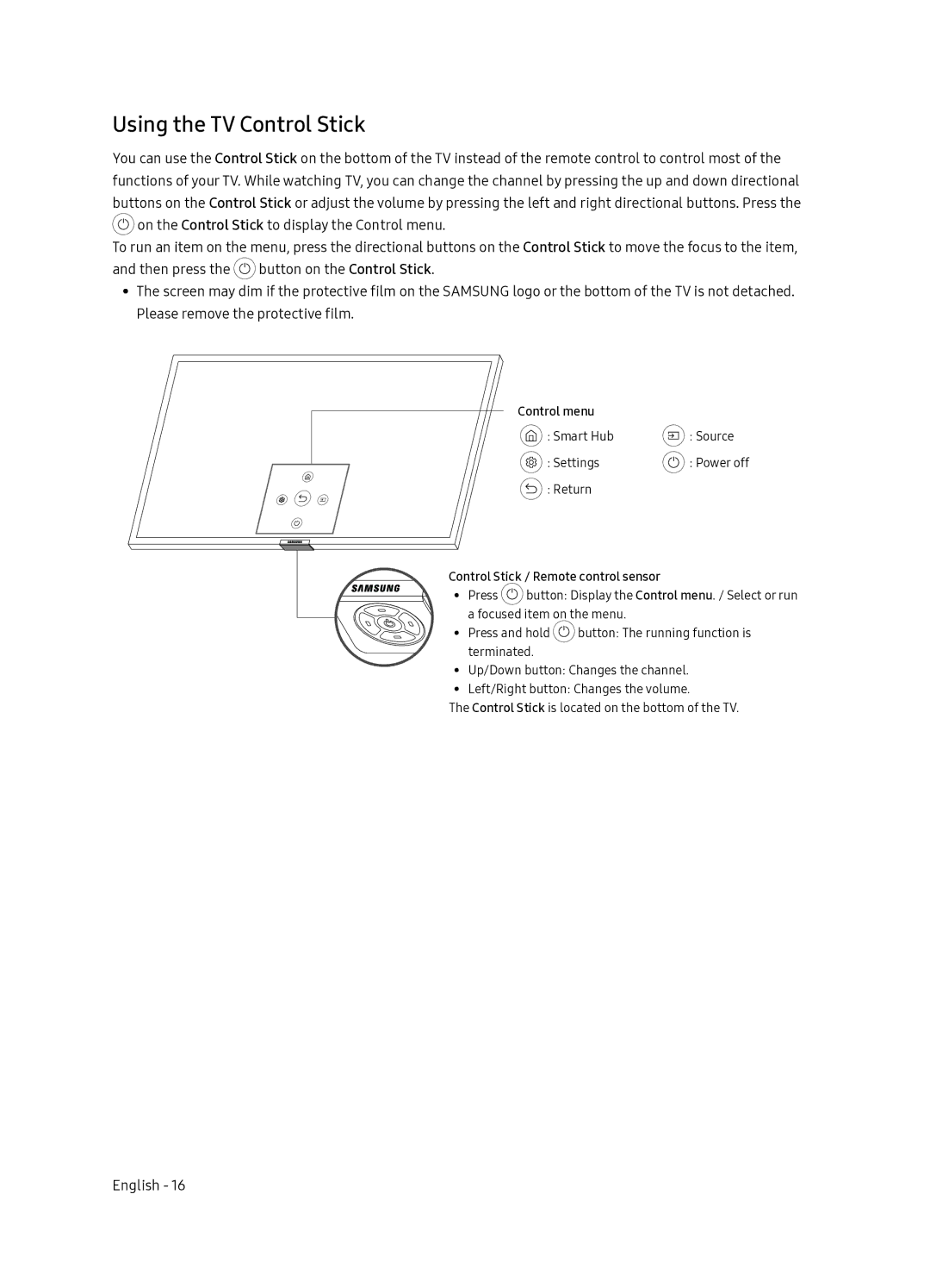 Samsung QE65Q7FNATXXC, QE55Q7FNATXXC manual Using the TV Control Stick, Control menu, Control Stick / Remote control sensor 