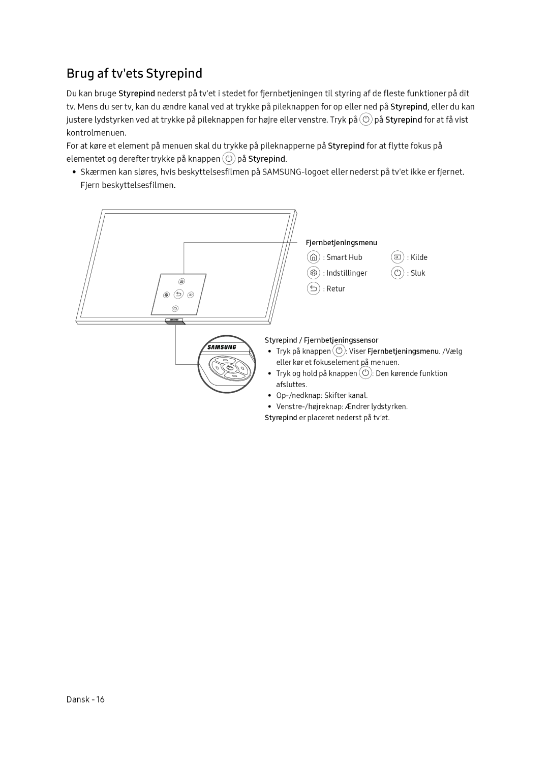 Samsung QE65Q7FNATXXC manual Brug af tvets Styrepind, Fjernbetjeningsmenu Smart Hub, Styrepind / Fjernbetjeningssensor 