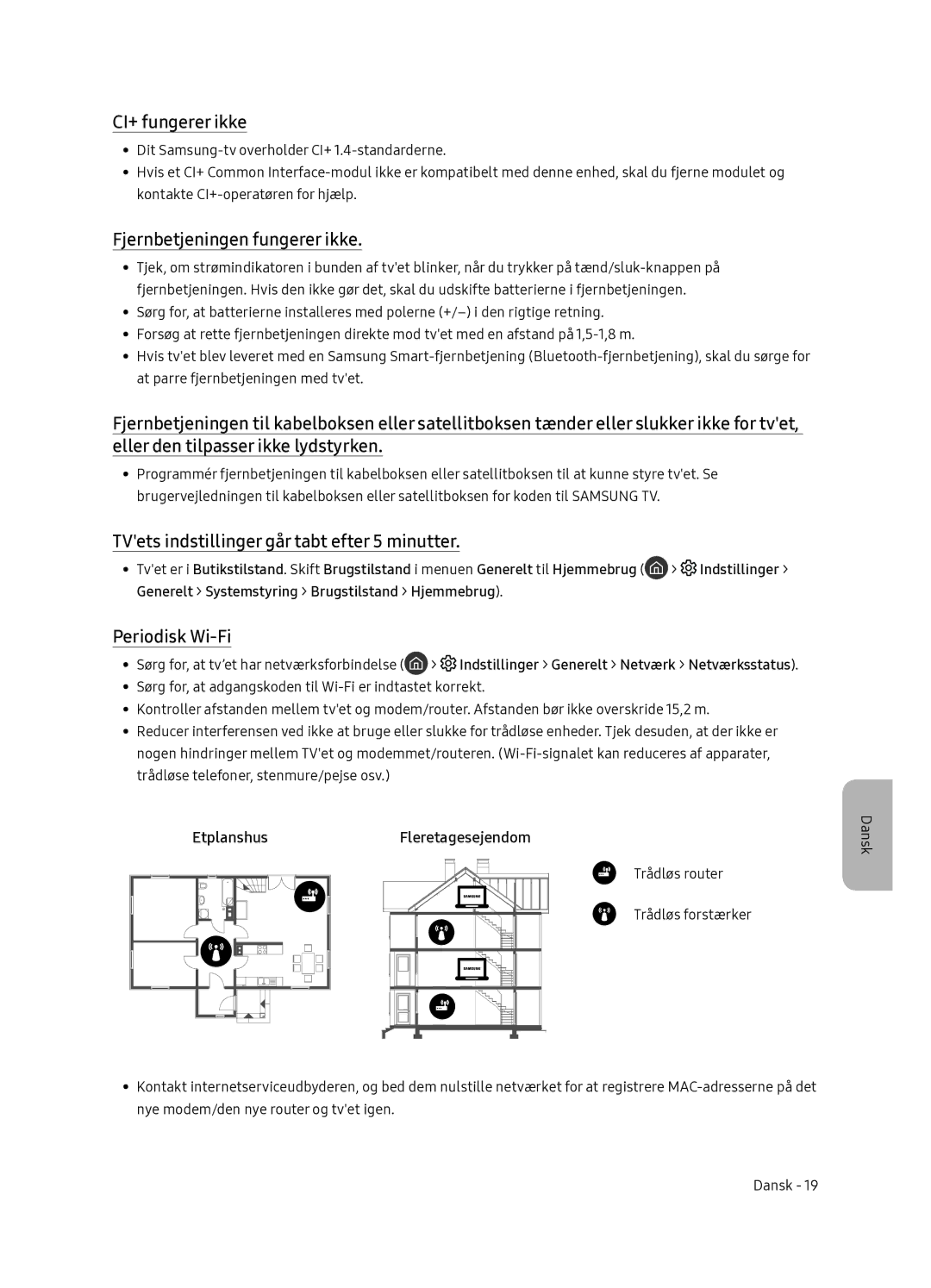 Samsung QE55Q7FNATXXC CI+ fungerer ikke, Fjernbetjeningen fungerer ikke, TVets indstillinger går tabt efter 5 minutter 