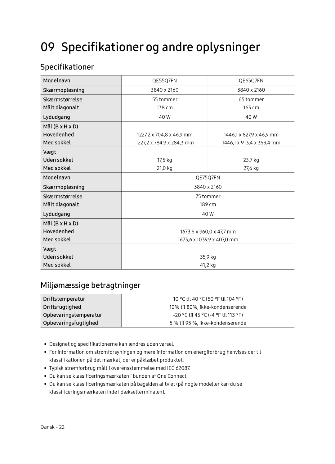 Samsung QE65Q7FNATXXC, QE55Q7FNATXXC manual Specifikationer og andre oplysninger, Miljømæssige betragtninger 