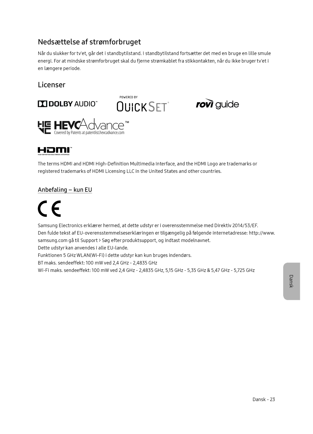 Samsung QE55Q7FNATXXC, QE65Q7FNATXXC manual Nedsættelse af strømforbruget, Anbefaling kun EU 