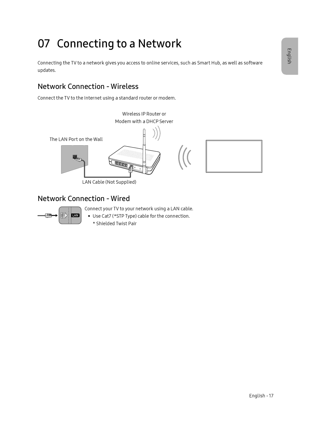 Samsung QE55Q7FNATXXC, QE65Q7FNATXXC manual Connecting to a Network, Network Connection Wireless, Network Connection Wired 