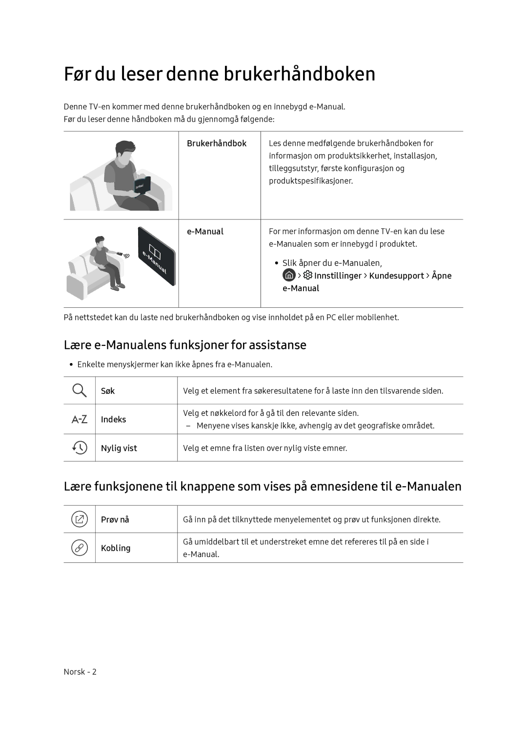 Samsung QE65Q7FNATXXC, QE55Q7FNATXXC manual Før du leser denne brukerhåndboken, Lære e-Manualens funksjoner for assistanse 