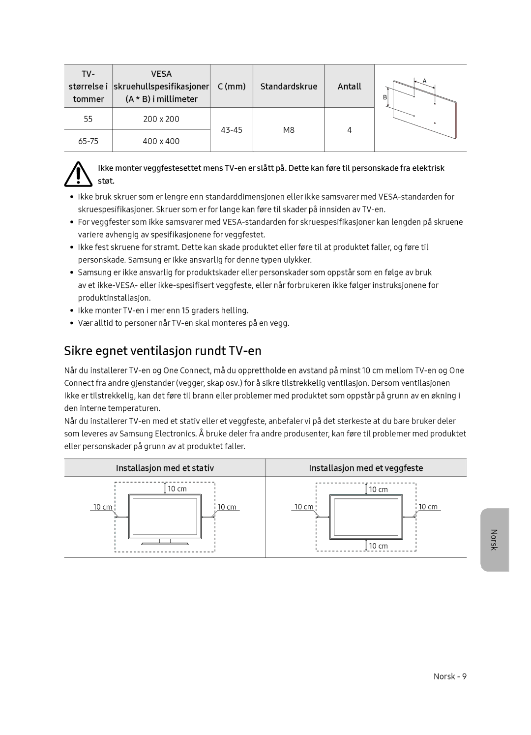 Samsung QE55Q7FNATXXC manual Sikre egnet ventilasjon rundt TV-en, Antall, Størrelse Skruehullspesifikasjoner Standardskrue 