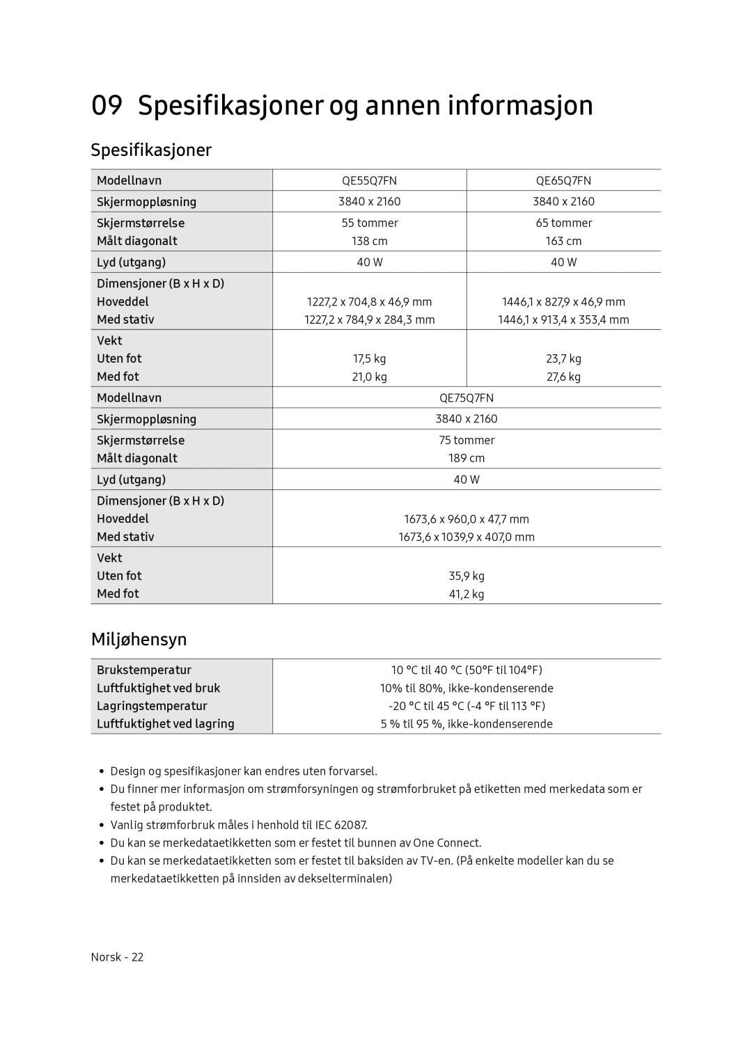 Samsung QE65Q7FNATXXC, QE55Q7FNATXXC manual Spesifikasjoner og annen informasjon, Miljøhensyn 