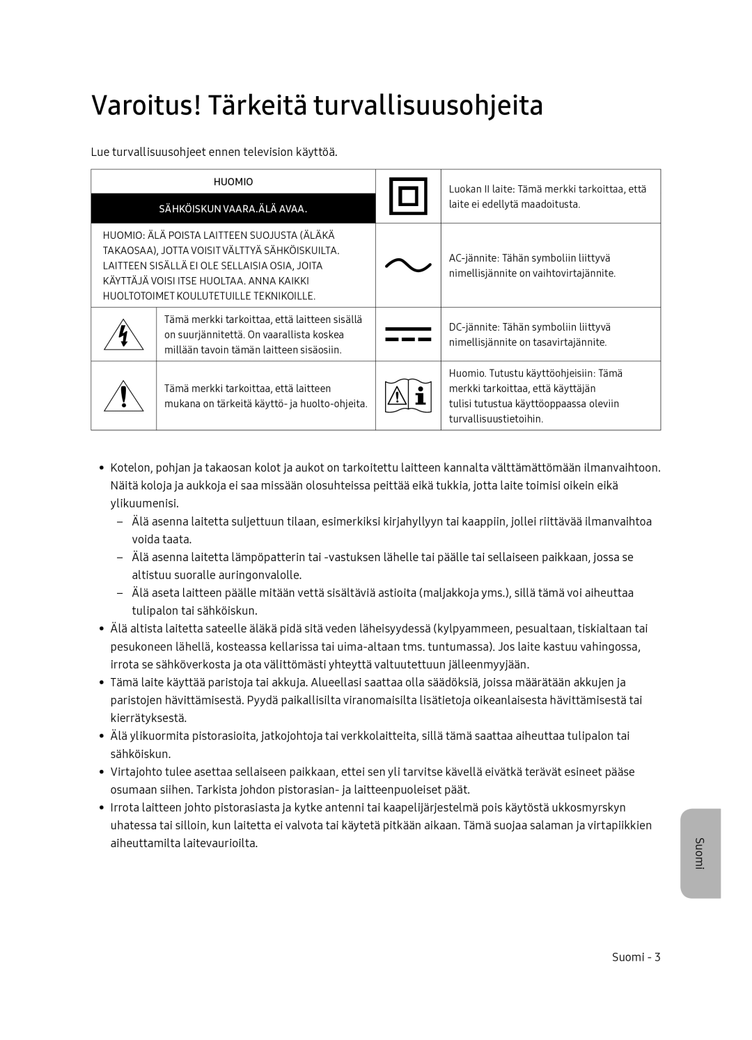 Samsung QE55Q7FNATXXC manual Varoitus! Tärkeitä turvallisuusohjeita, Lue turvallisuusohjeet ennen television käyttöä 