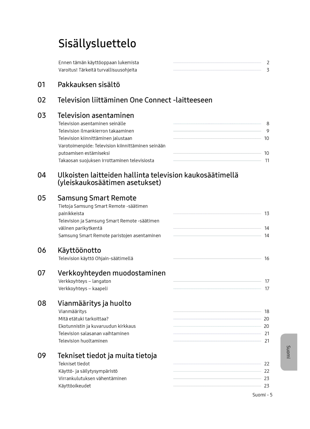 Samsung QE55Q7FNATXXC, QE65Q7FNATXXC manual Sisällysluettelo, Samsung Smart Remote 