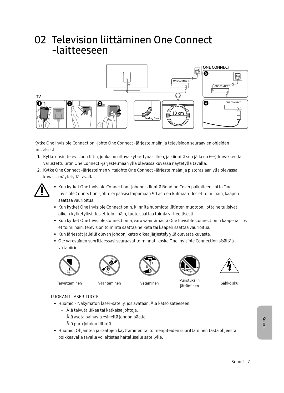 Samsung QE55Q7FNATXXC, QE65Q7FNATXXC manual Television liittäminen One Connect -laitteeseen, Luokan 1 LASER-TUOTE 