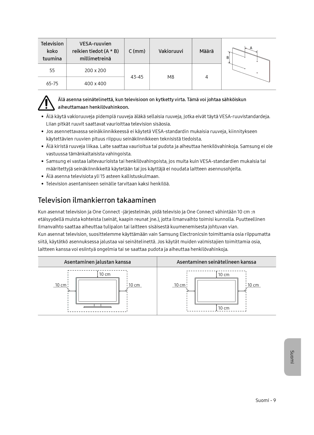 Samsung QE55Q7FNATXXC manual Television ilmankierron takaaminen, Asentaminen jalustan kanssa, Tuumina Millimetreinä 