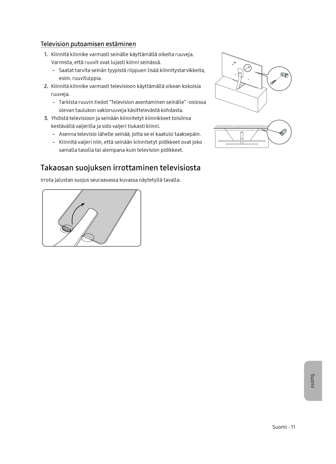 Samsung QE55Q7FNATXXC, QE65Q7FNATXXC manual Takaosan suojuksen irrottaminen televisiosta, Television putoamisen estäminen 