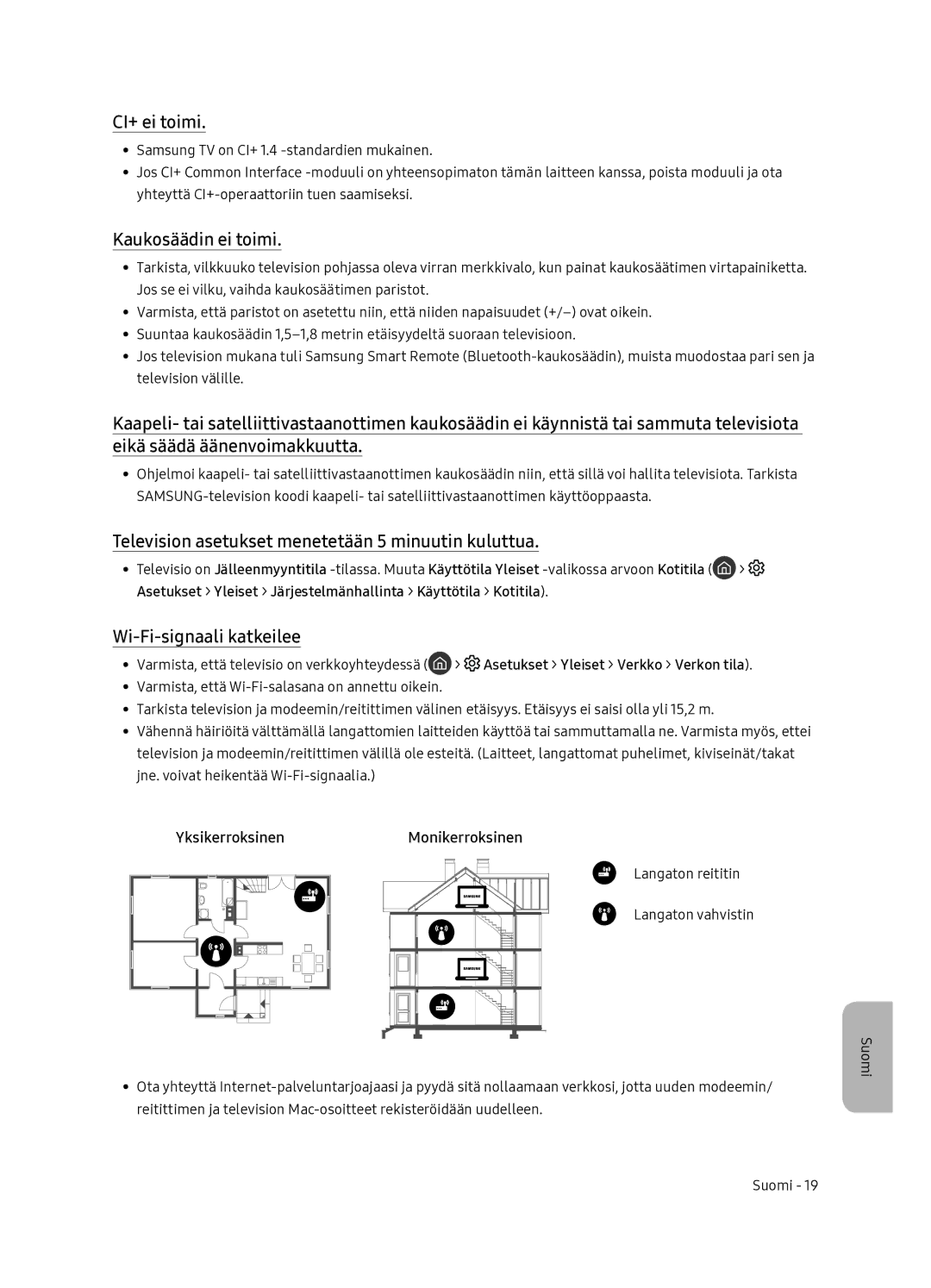 Samsung QE55Q7FNATXXC manual CI+ ei toimi, Kaukosäädin ei toimi, Television asetukset menetetään 5 minuutin kuluttua 