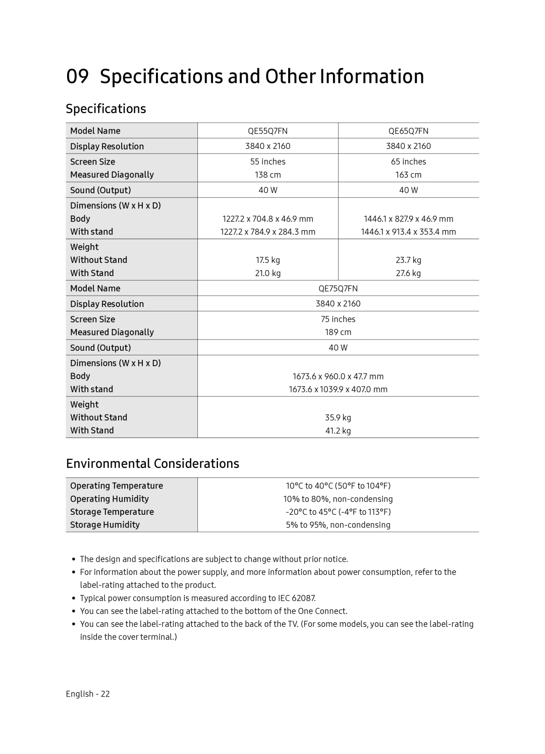 Samsung QE65Q7FNATXXC, QE55Q7FNATXXC manual Specifications and Other Information, Environmental Considerations 